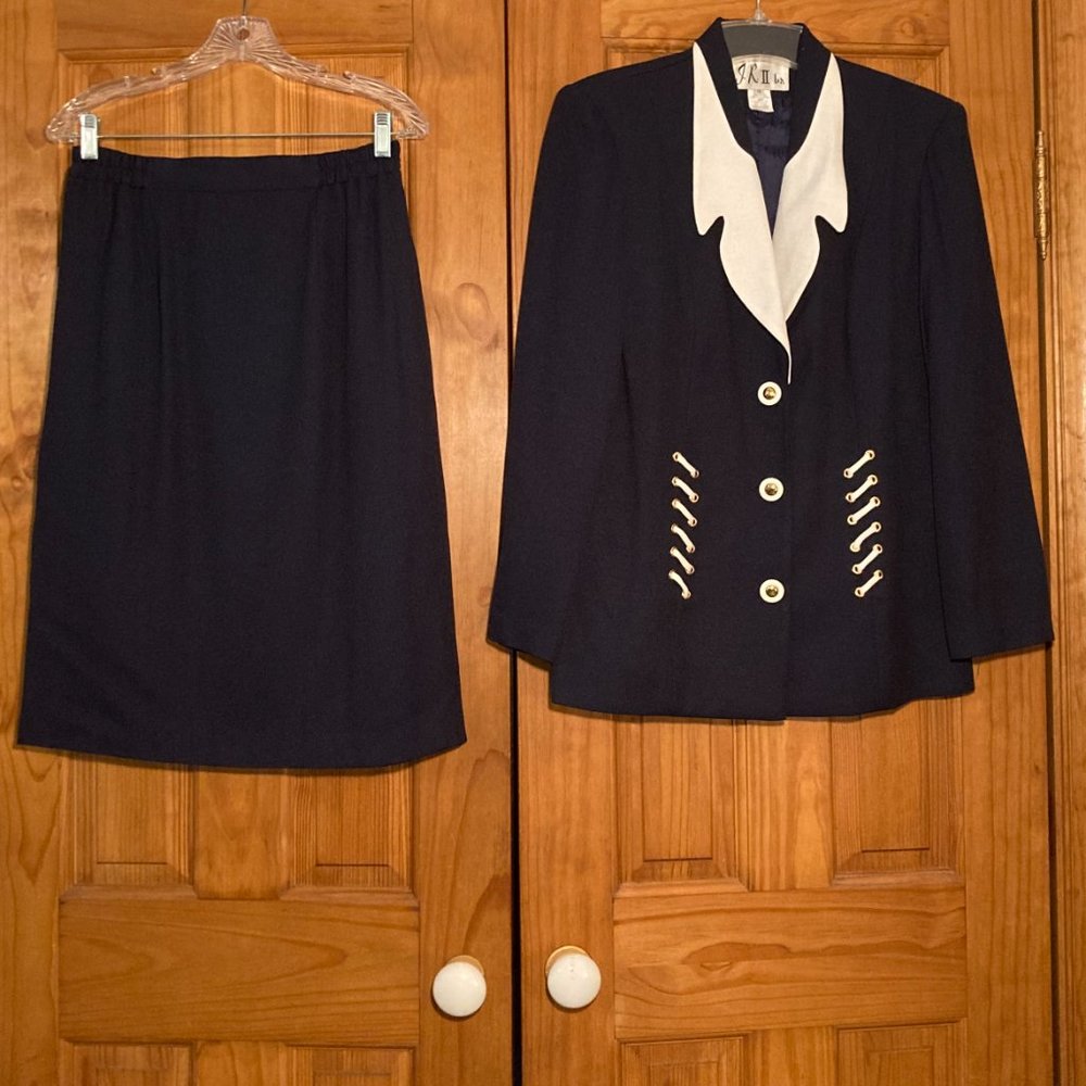 NWOT JR II Ltd. Vintage 80s Skirt Suit Set Navy Blue White Size 12